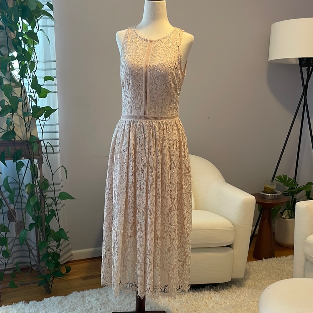 Adrianna Papell Pink Pleated Halter Midi Dress